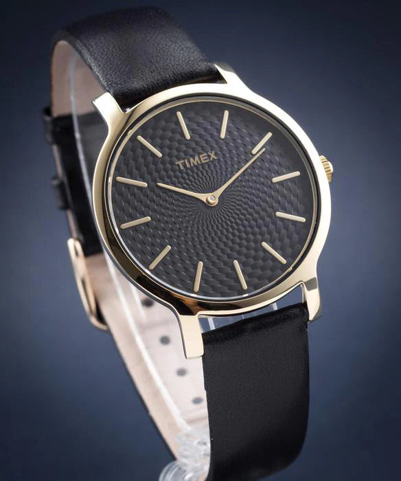 Timex Women's Black Leather Watch, Gold Case | TW2R36400-4