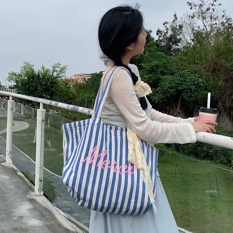 Blue Striped Letters Printed All-matching Canvas Bag