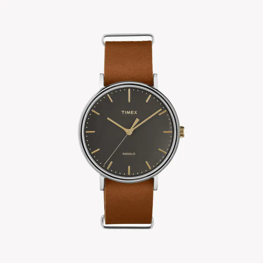 Timex Men's Brass Watch, Black Dial, Brown Leather Strap | TW2P97900-0