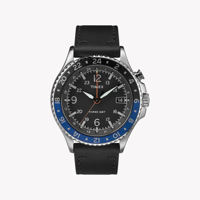 Timex Men's Black Leather Watch, Black Dial | TW2R43600-0