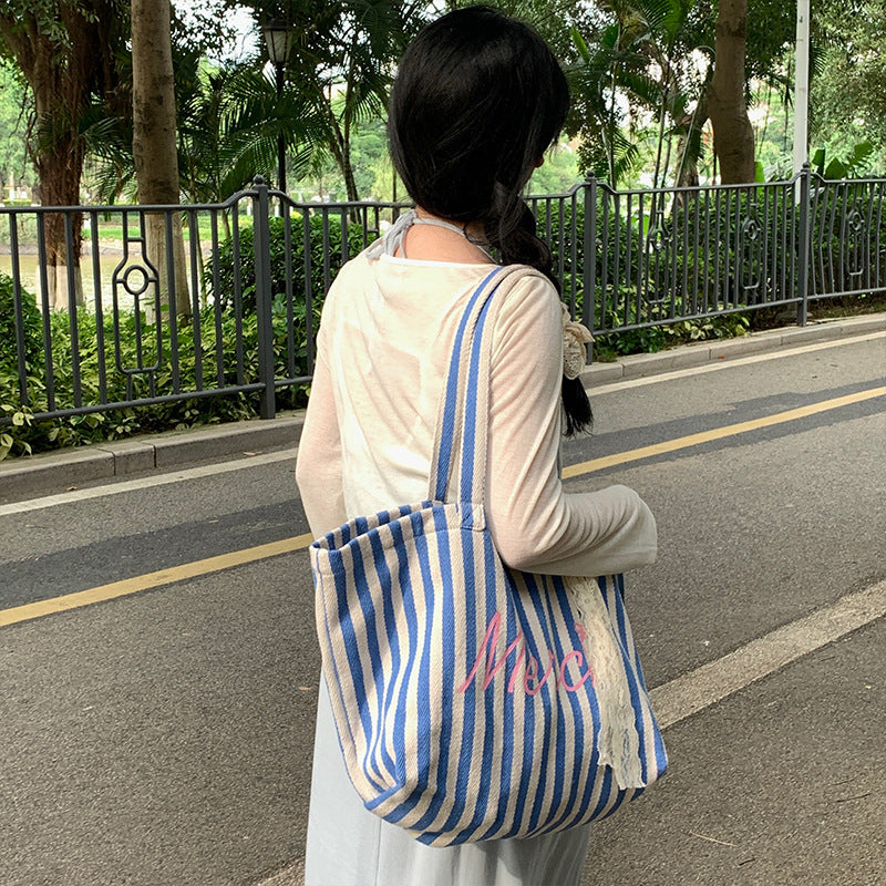 Blue Striped Letters Printed All-matching Canvas Bag